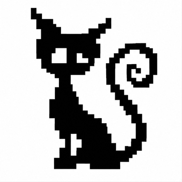 A pixel drawing of a black cat with a curled tail, the picture the code beside it was made from