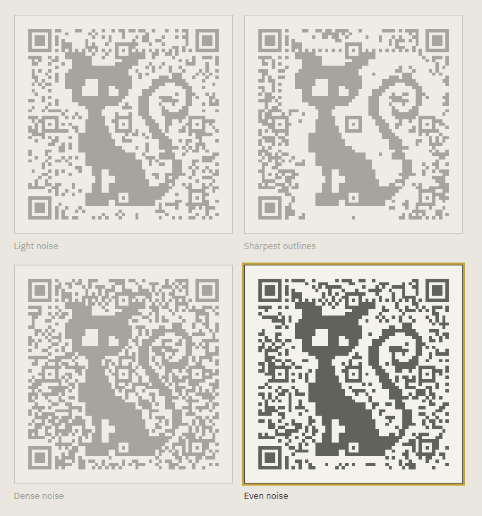Four variants of the cat code as the cabinet shows them; the chosen one, Even noise, ringed, the other three dimmed
