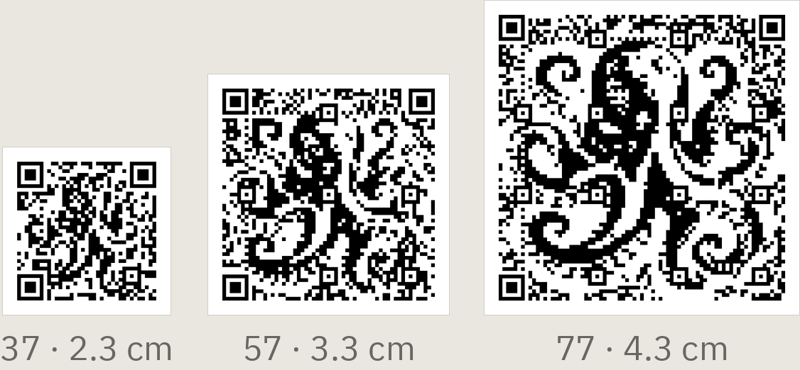 The octopus as a code of 37, 57 and 77 squares, each drawn at the side it prints at: 2.3, 3.3 and 4.3 cm