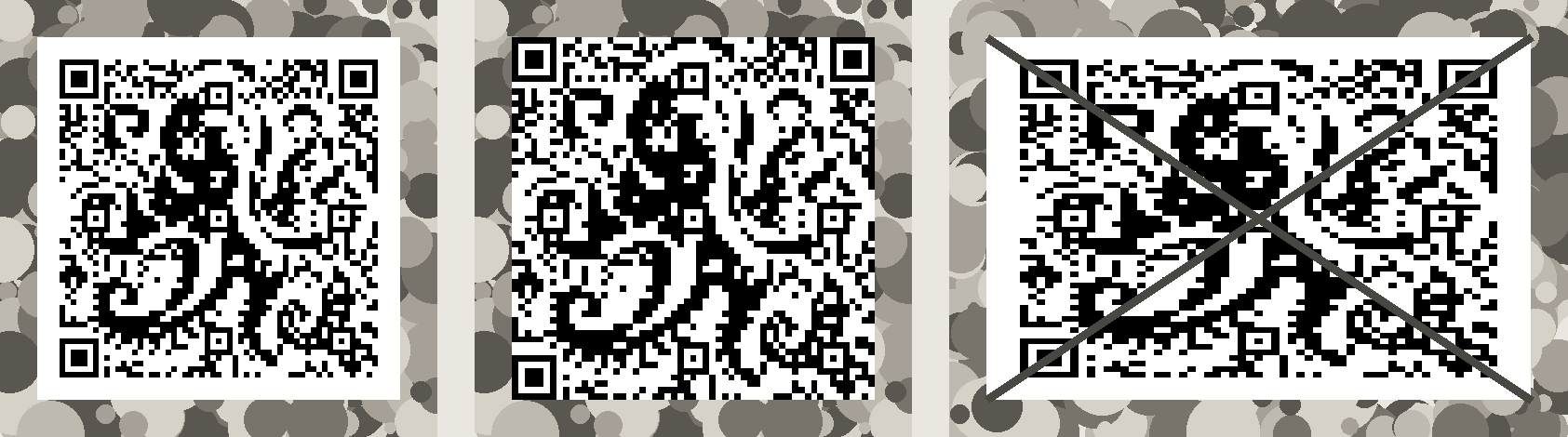 A code with its required white margin, one cropped too close, and another stretched
