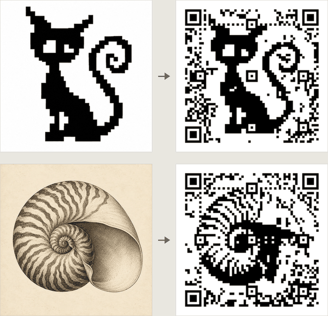 Two pictures next to the codes the product made from them: a bold pixel cat keeps its shape, a finely shaded nautilus engraving breaks up