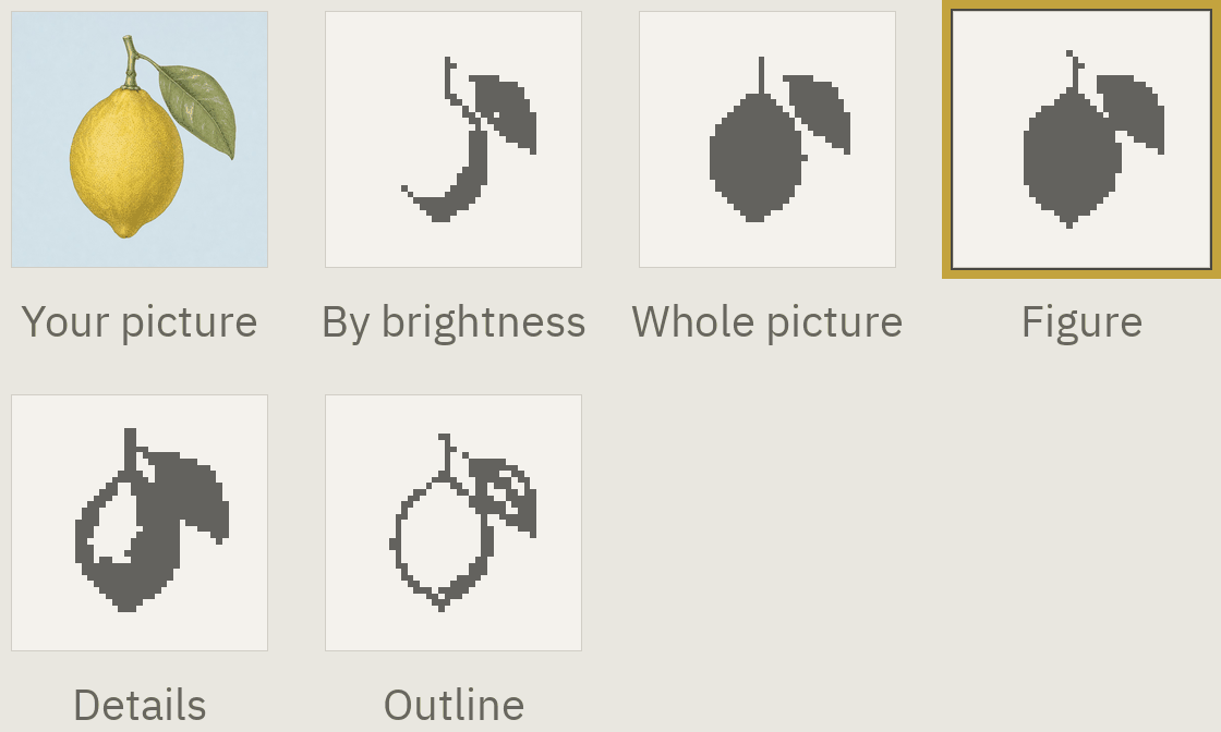 A coloured engraving of a lemon, and the row of black-and-white versions step 1 made from it: by brightness only its shading, the whole picture, the figure ringed as chosen, its details and its outline